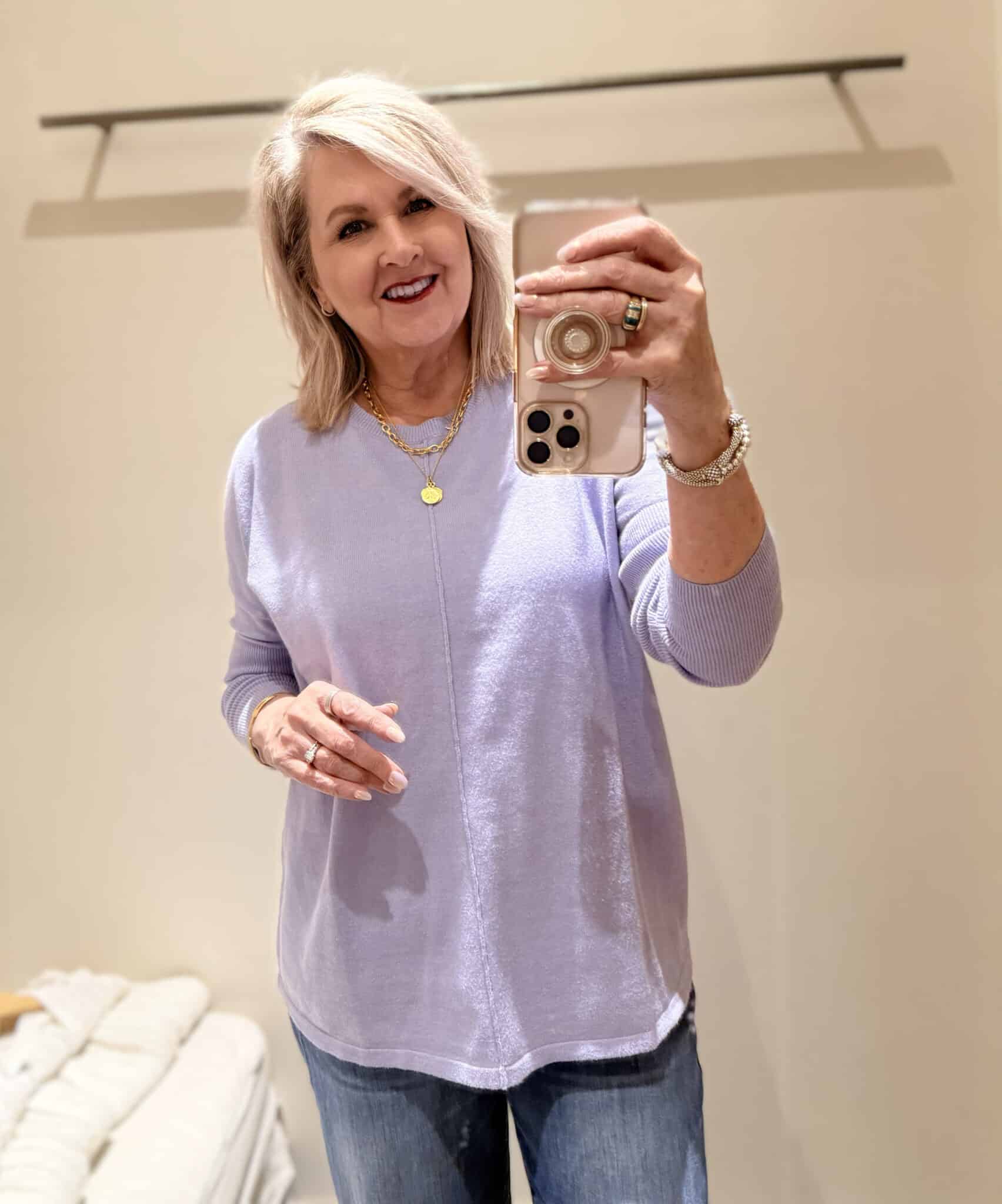 Tania wearing a lilac colored sweater from J.Jill