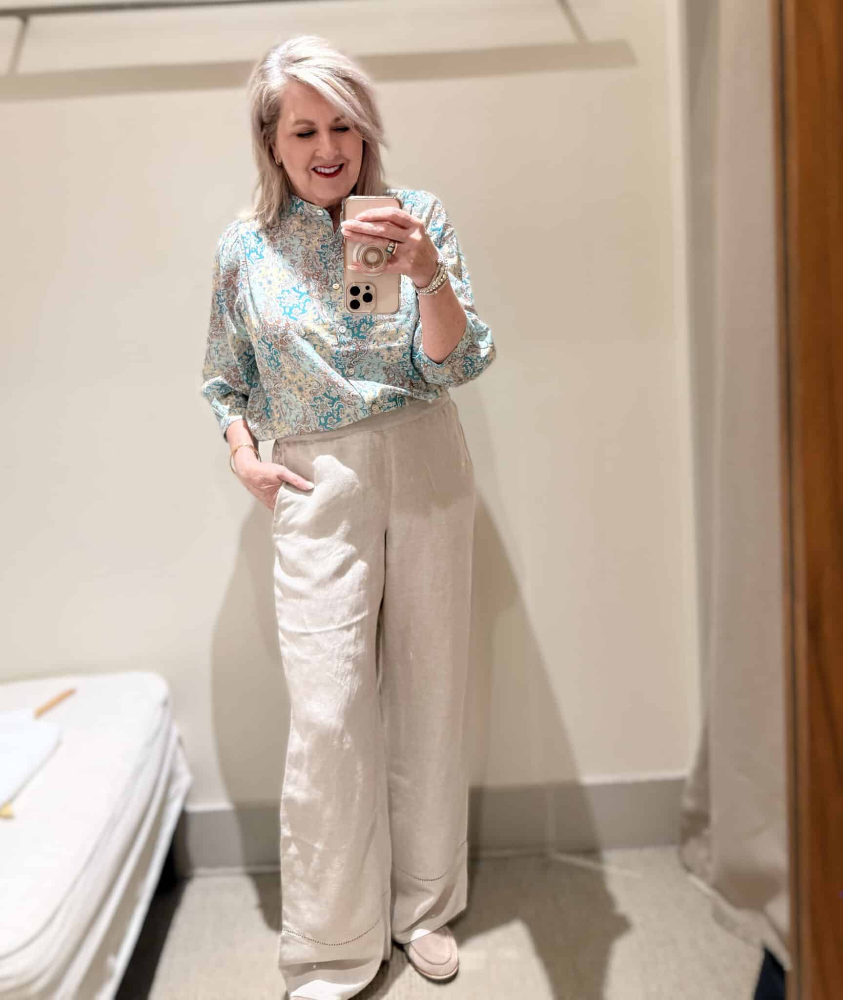 Tania wearing a printed shirt and linen pants from J.Jill