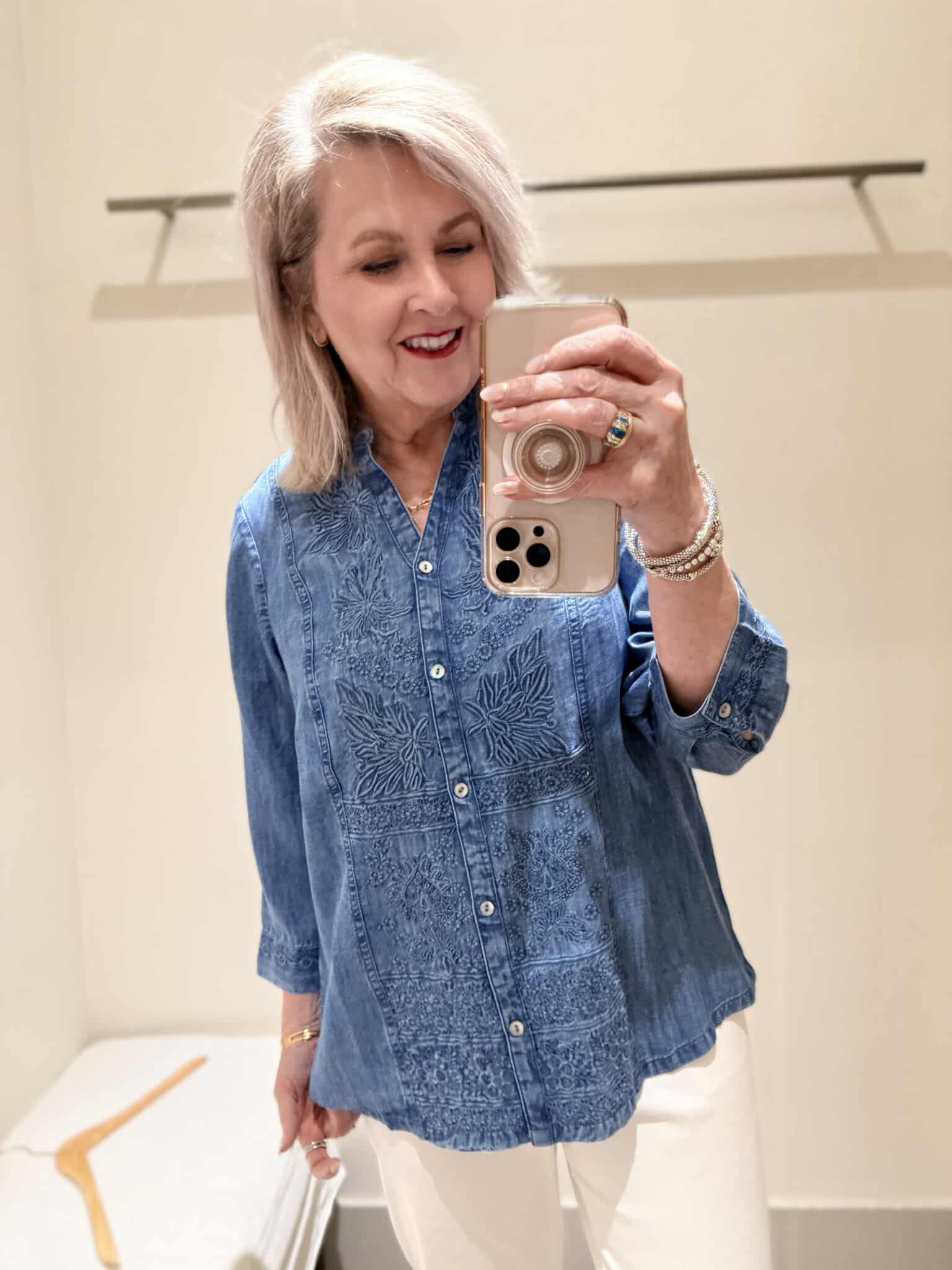 Tania wearing an embroidered chambray shirt from J.Jill