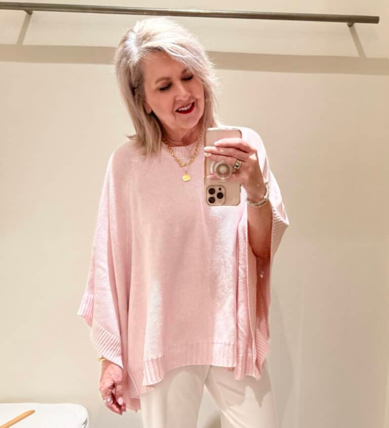 Tania wearing a pale pink poncho from J.Jill