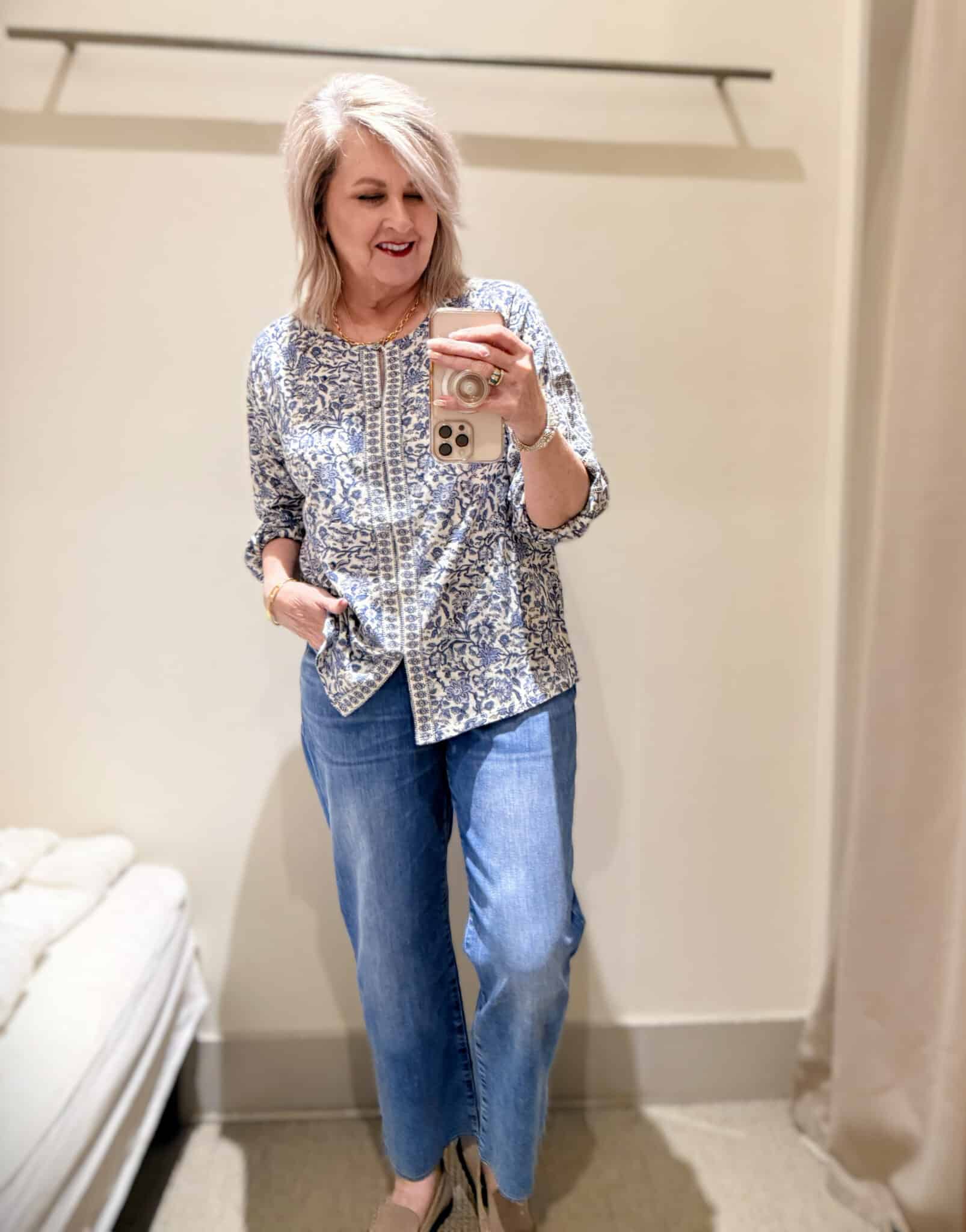 Tania wearing a floral print top and cropped jeans from J.Jill