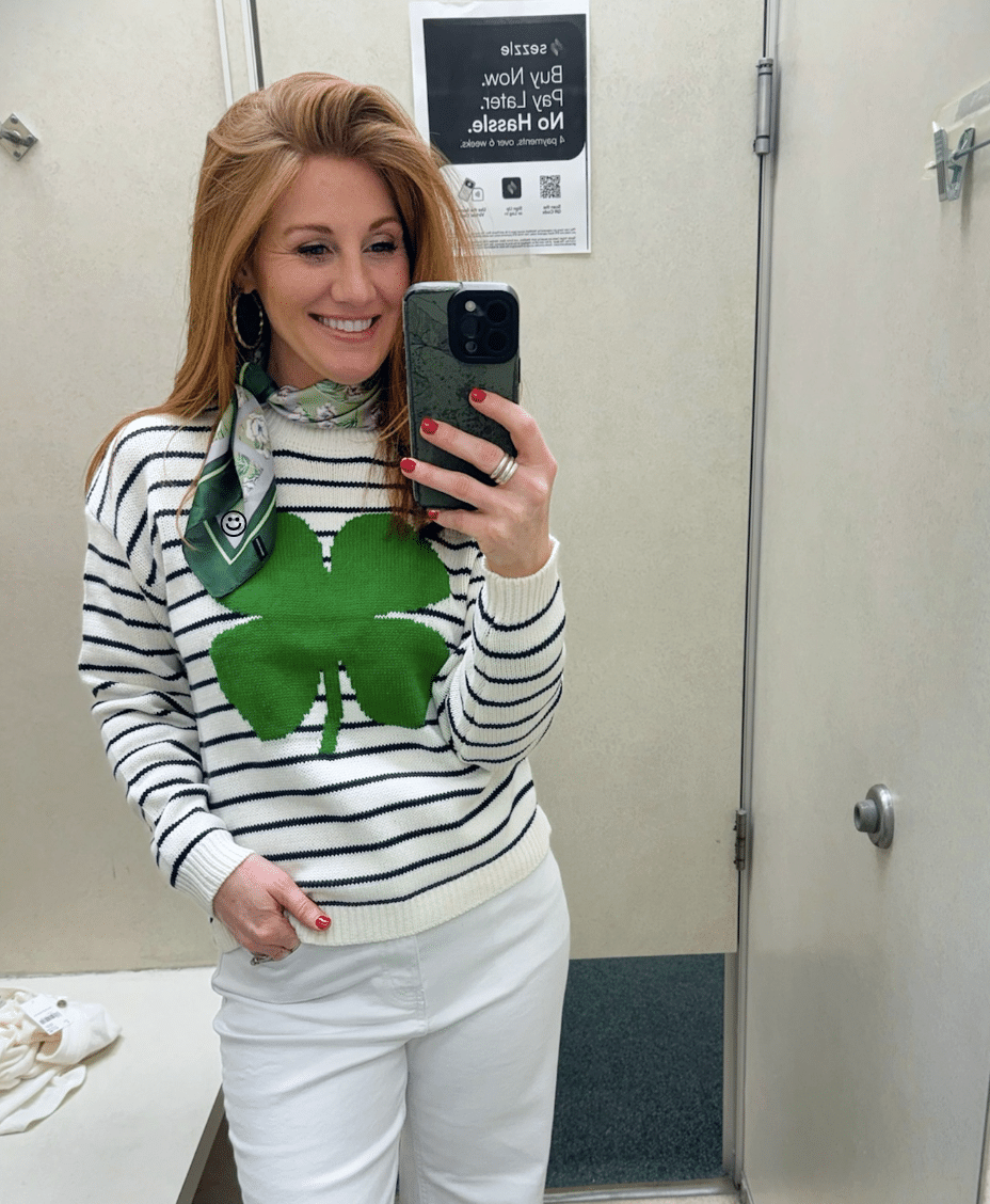 Stephanie wearing a shamrock sweater