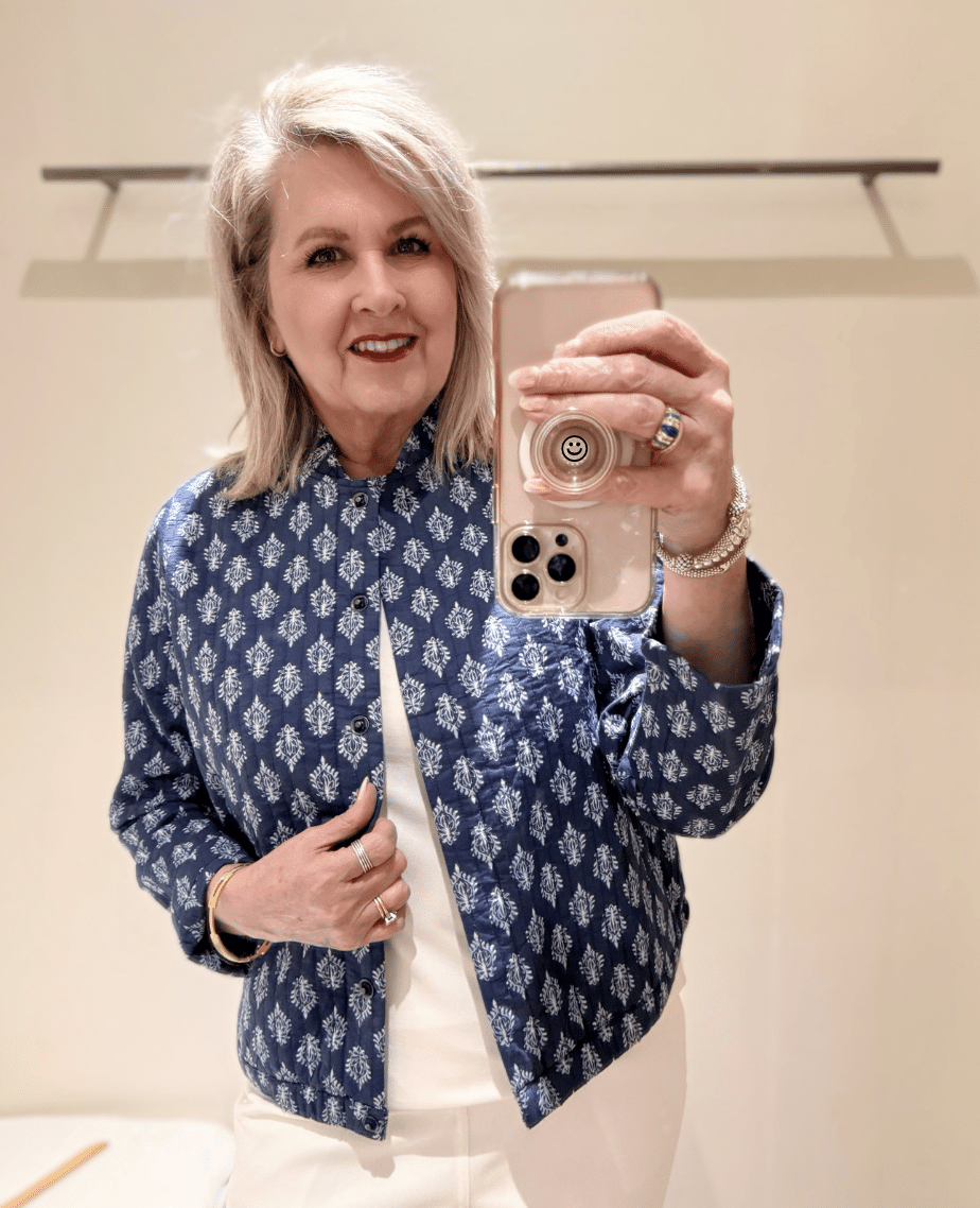 Tania wearing a blue and white printed jacket from J.Jill