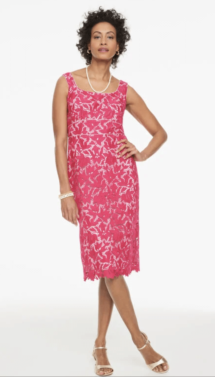 Petite woman in floral lace sheath dress