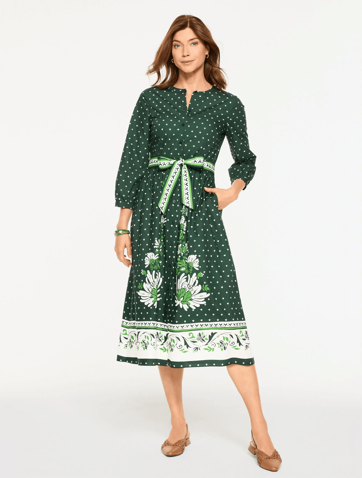 Woman wearing Talbots foulard floral poplin shirtdress styled for Easter