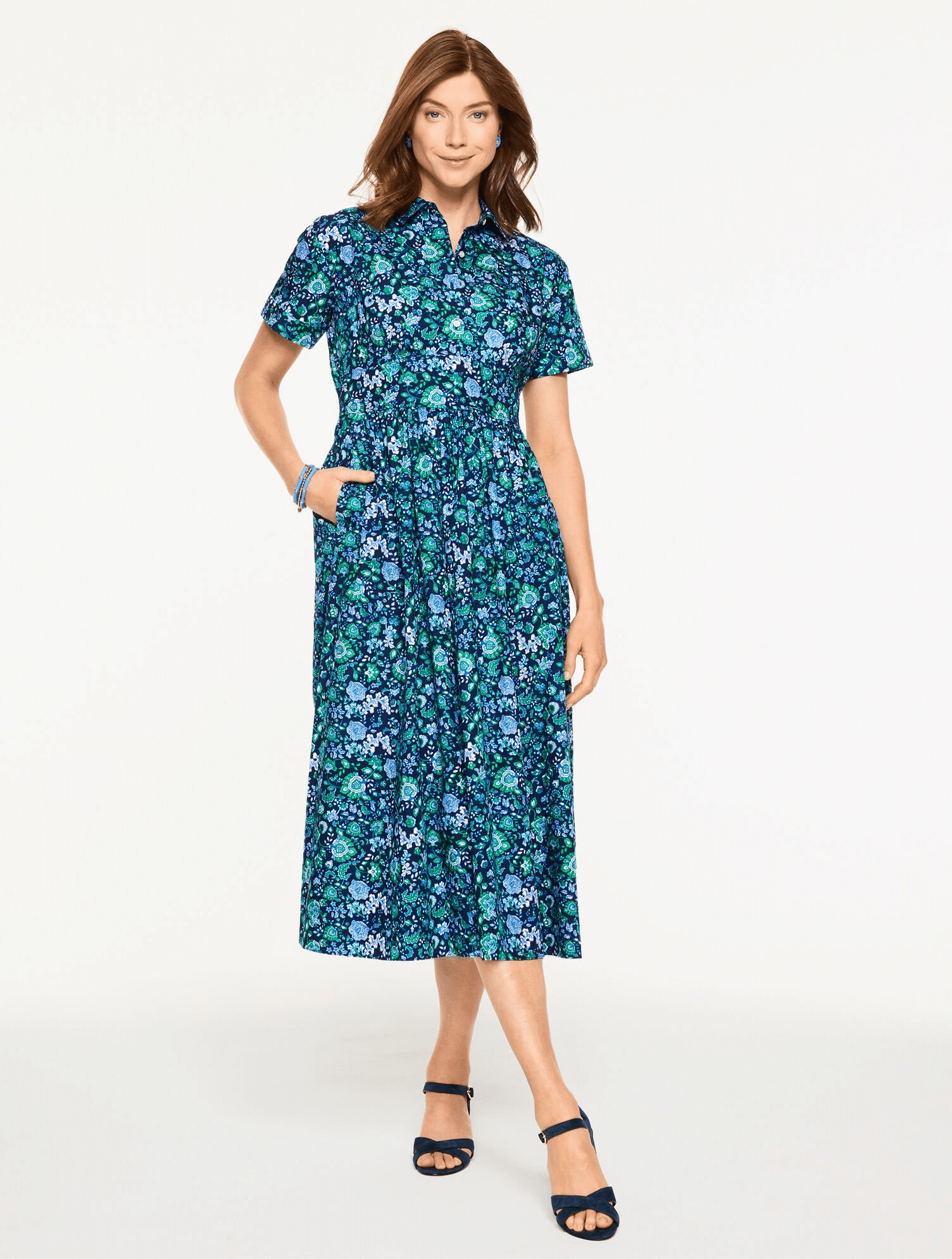 Woman wearing a Talbots poplin shirtdress in a vintage Jacobean floral print, styled with a classic button-front silhouette for spring