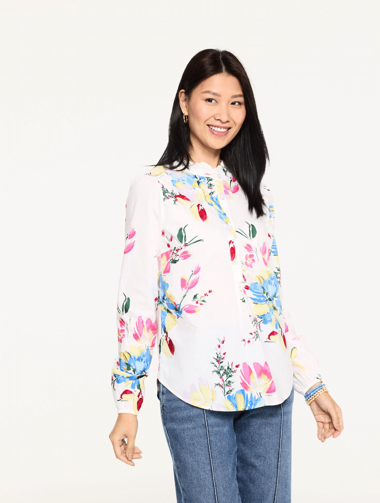 Talbots poetic floral popover top with a relaxed fit and soft feminine print, styled casually with denim