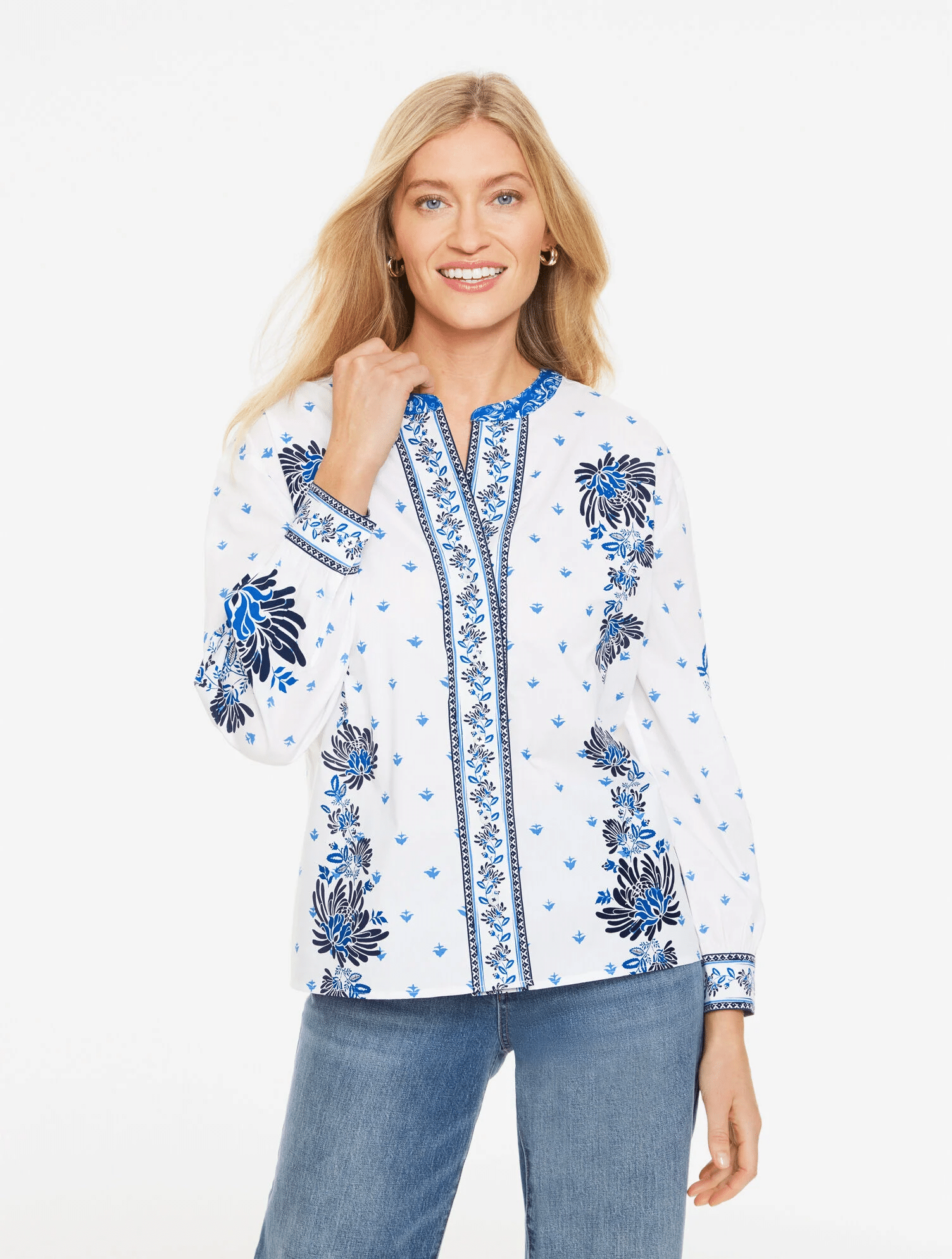 Talbots band collar poplin top in a classic foulard floral print, polished structured blouse for spring
