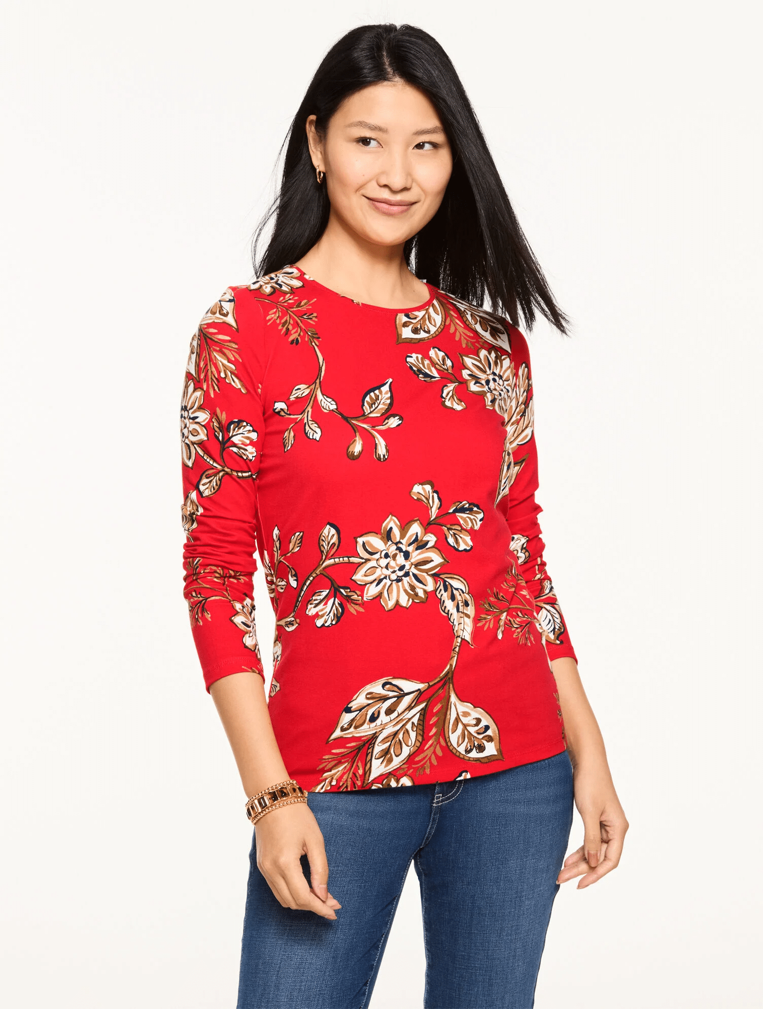 Talbots long sleeve crewneck tee in a symphony floral print, casual floral top perfect for layering
