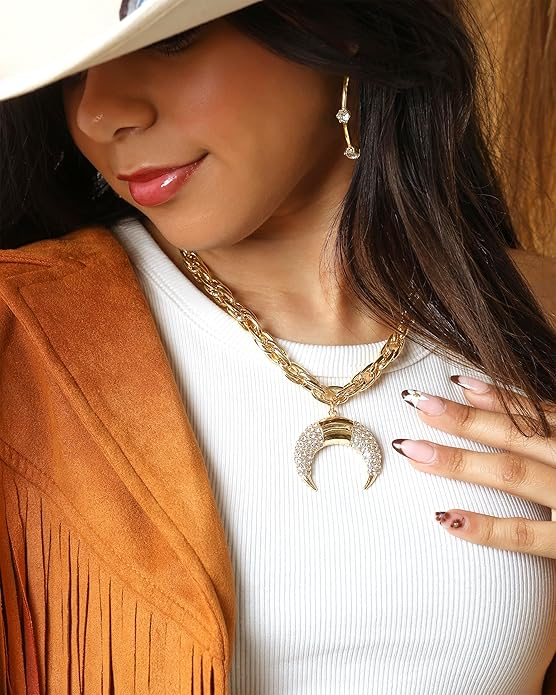 Gold-Tone Horn Pendant Necklace with Crystals 