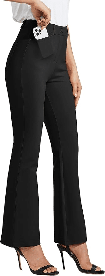Stretchy bootcut yoga dress pants that look like tailored work trousers with pockets for a polished yet comfortable outfit