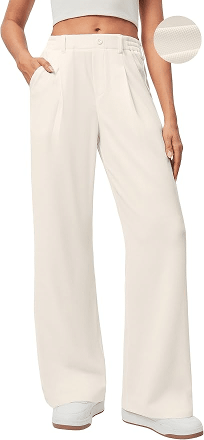 Cream wide-leg stretch work pants with comfortable pull-on fit