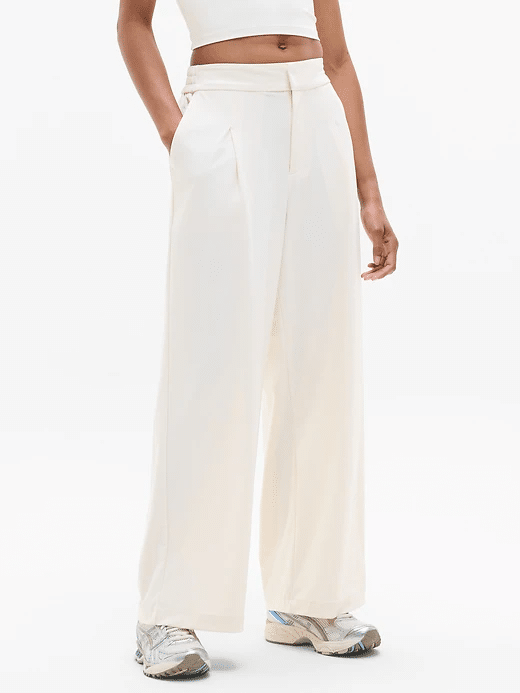 Cream pull-on athleisure pants with stretch and clean lines