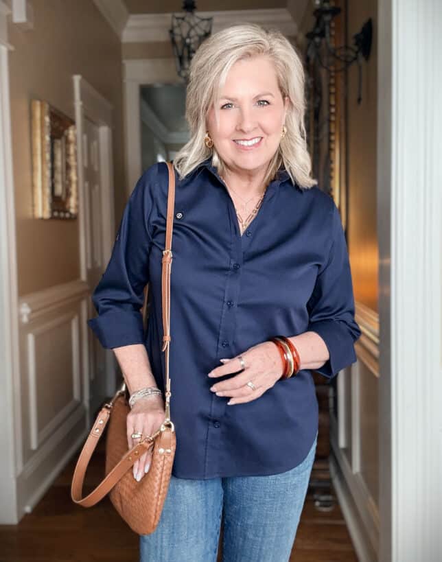 Tania wearing an no-iron shirt from Chico's