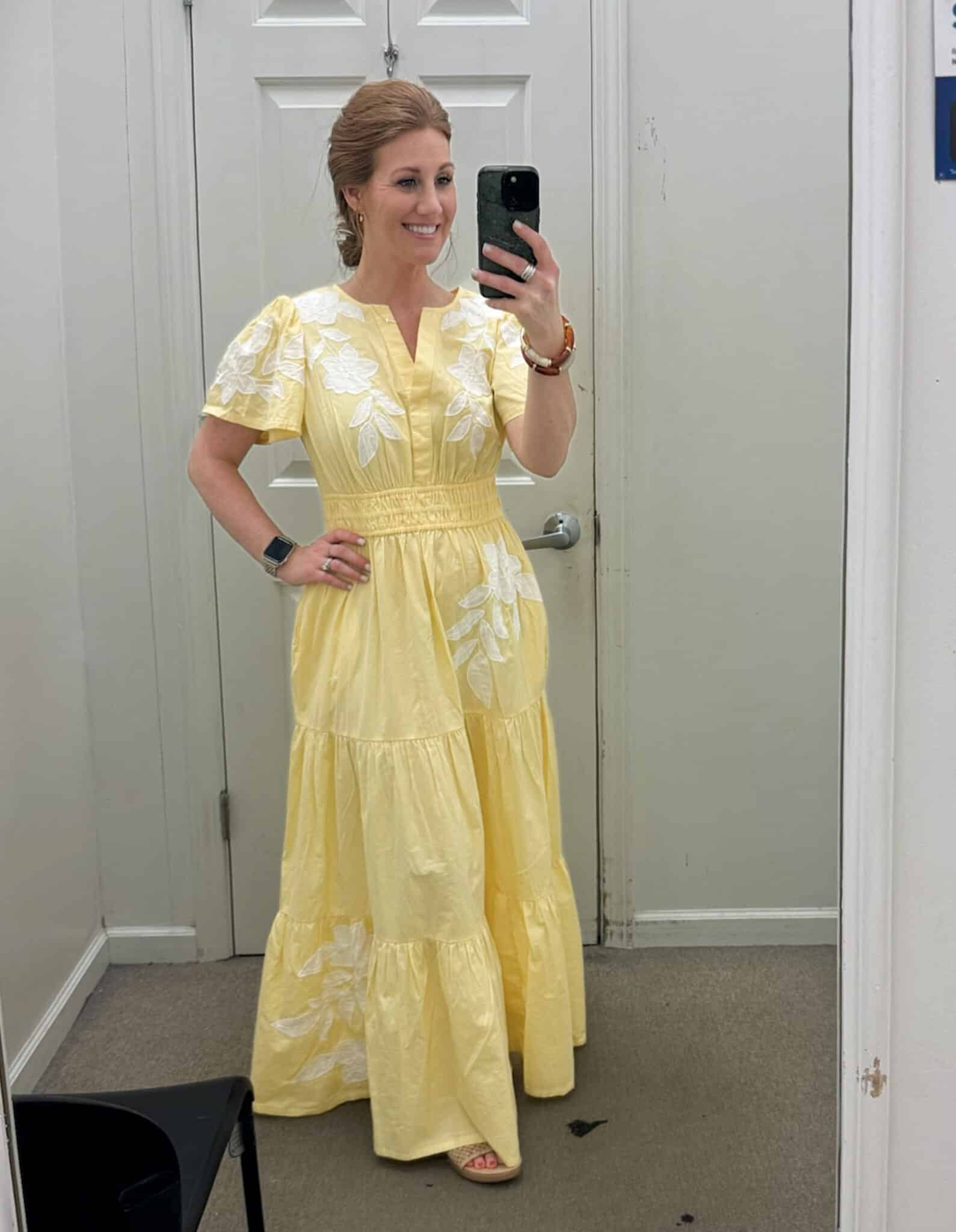 Stephanie (a petite lady) styling a vibrant yellow and white maxi dress with wedge sandals from Belk