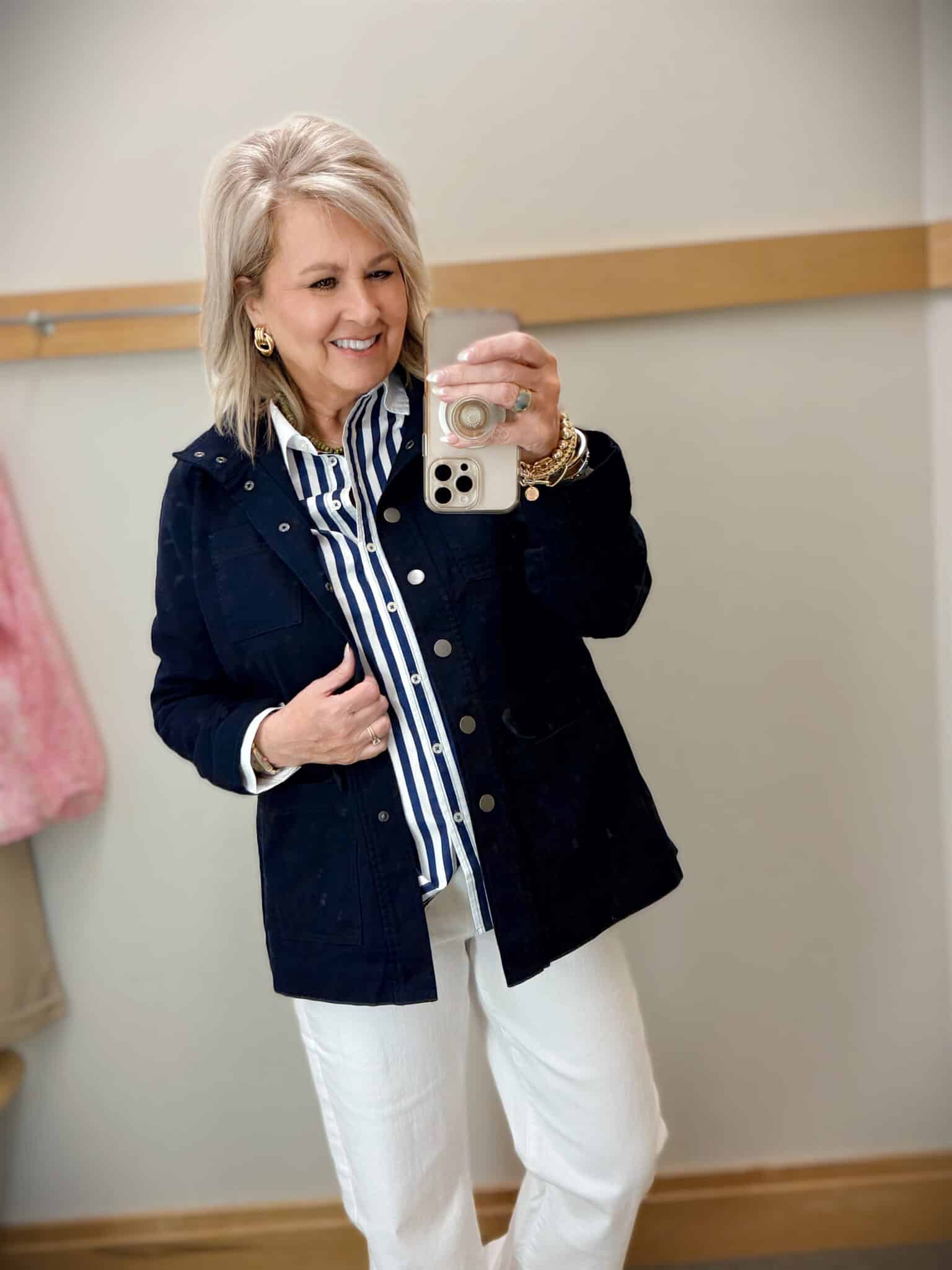 Tania wearing a navy utility jacket from Talbots