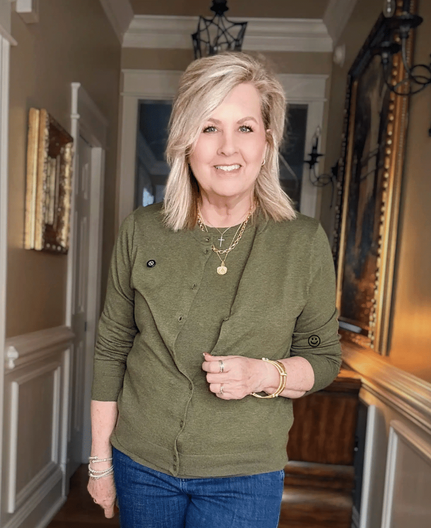 Tania wearing an olive shell and cardigan from J.Crew Factory