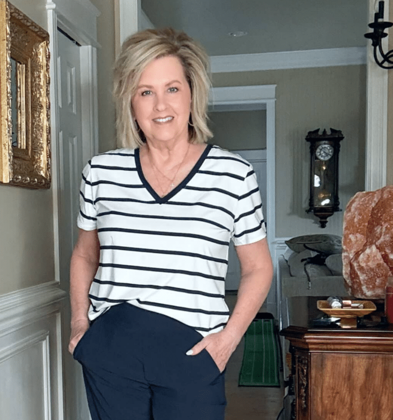 Navy & white striped tee and navy pants