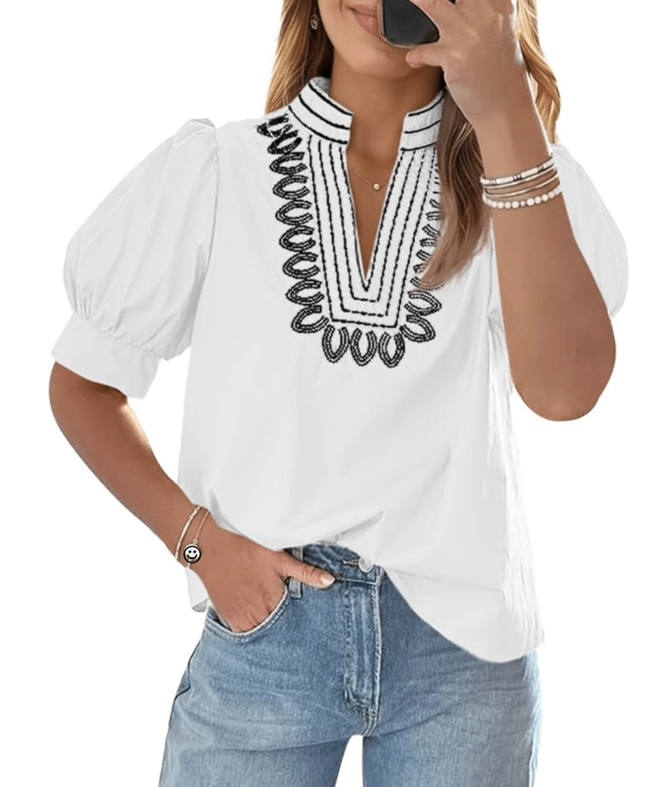 Cicy Bell Puff Short Sleeve Blouses Summer Casual Dressy Embroidered V Neck Top FROM AMAZON MARCH 2026