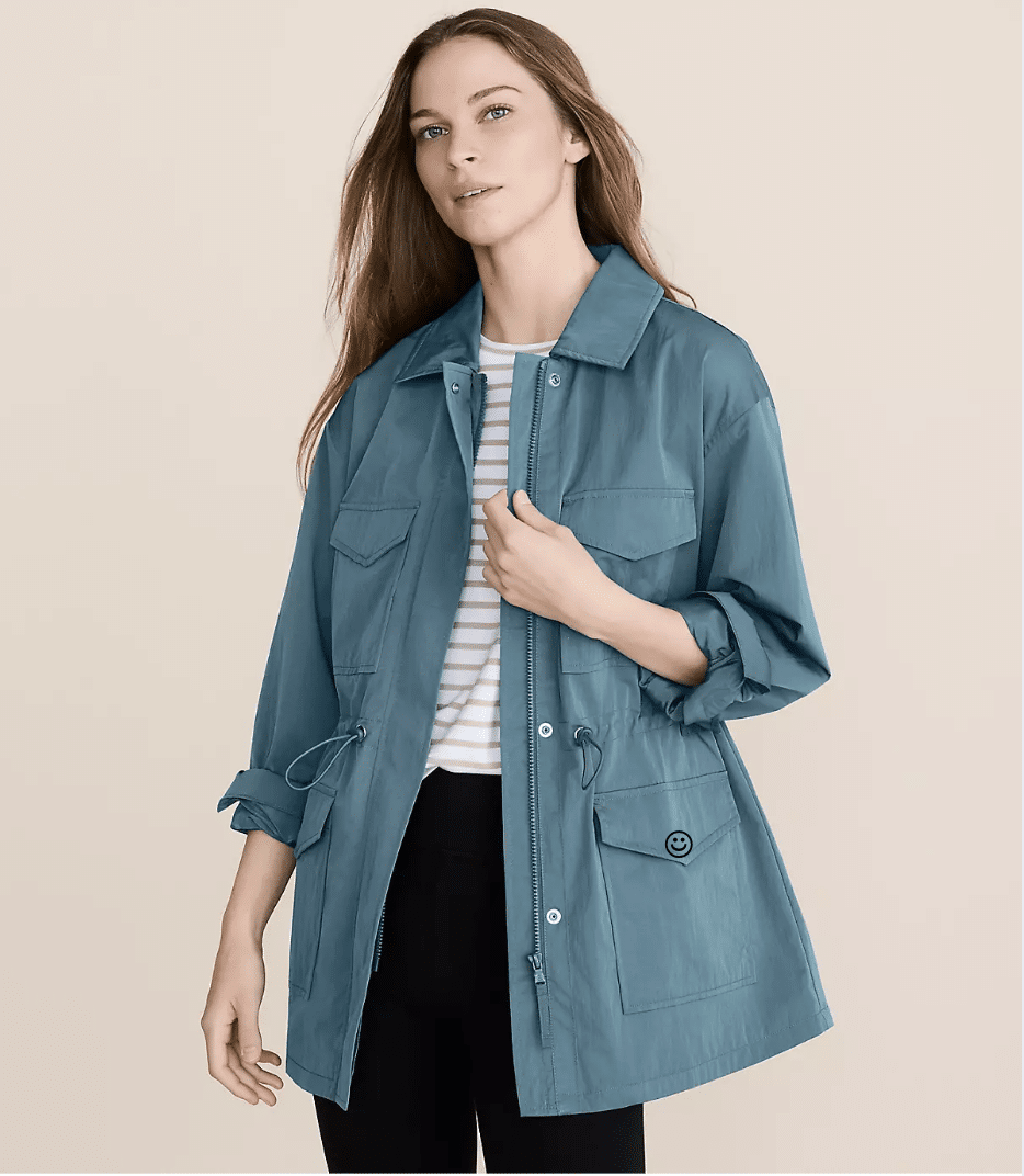 teal cinched waist utility jacket frm Loft.