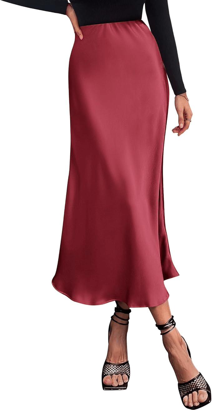 Satin midi skirt worn with simple top