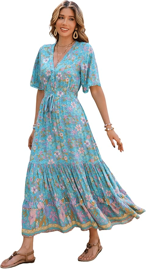 blue floral dress with a tie waist and tiered hem