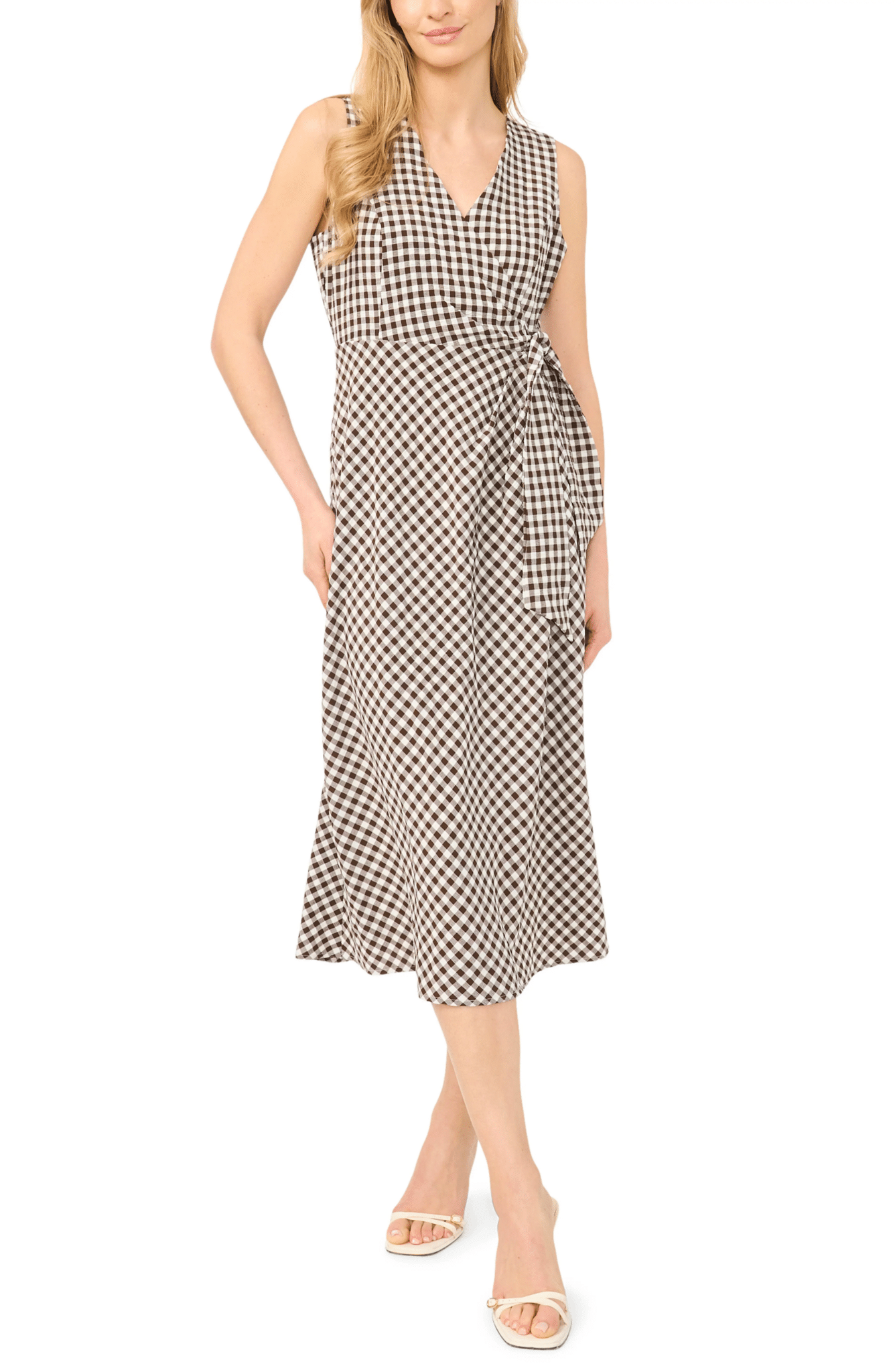 Gingham Sleeveless Faux Wrap Dress
