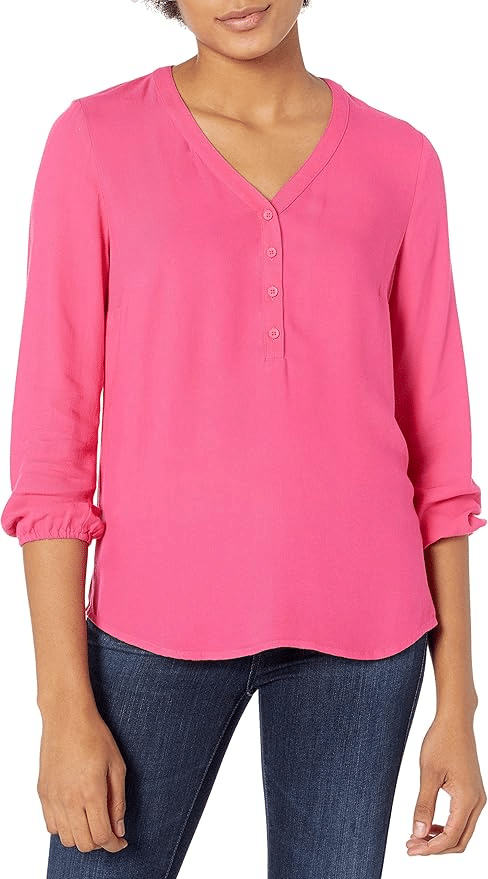 hot pink popover shirts with 3/4 sleeves