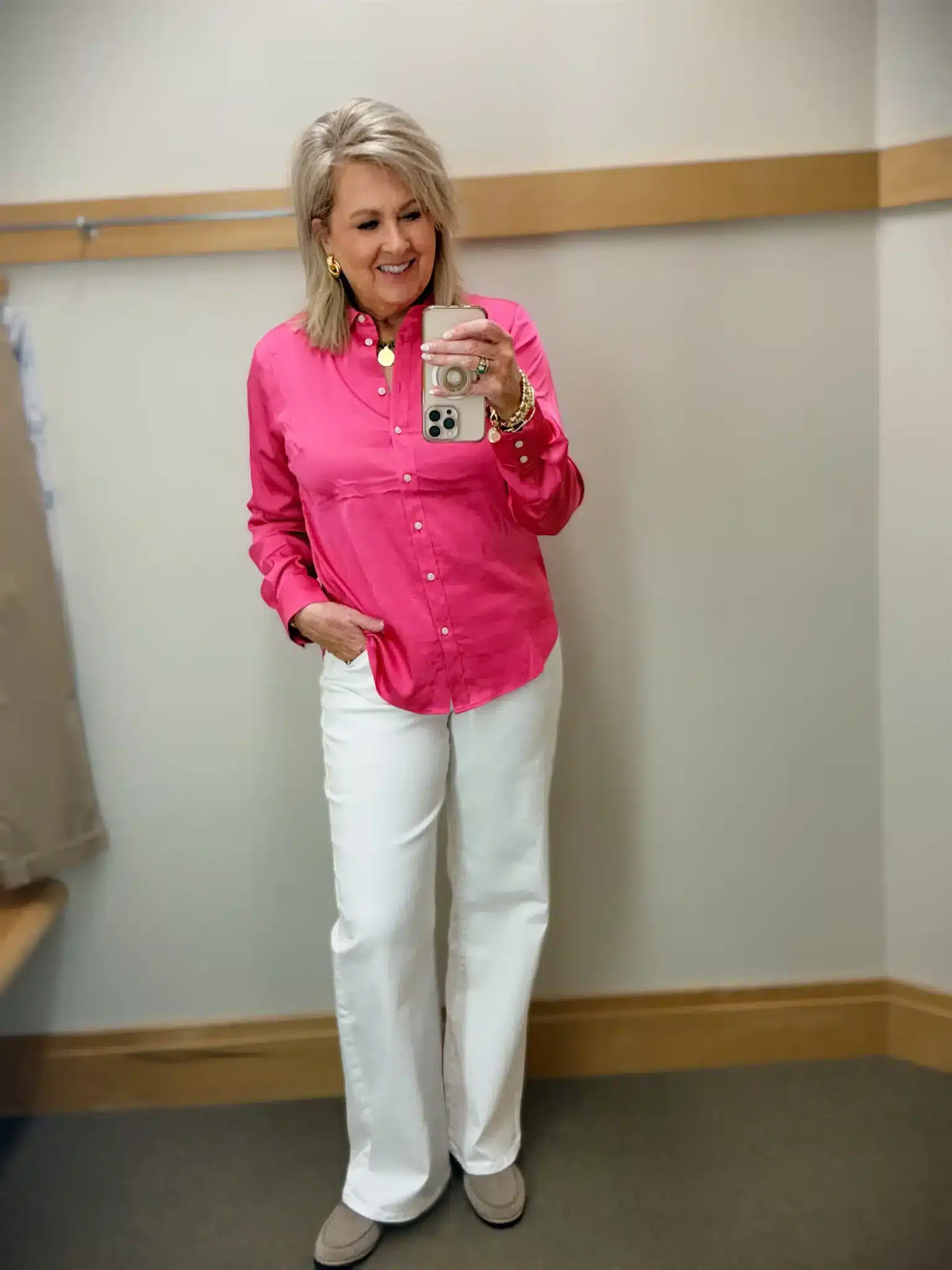 TANIA WEARING A BUTTON DOWN TOP