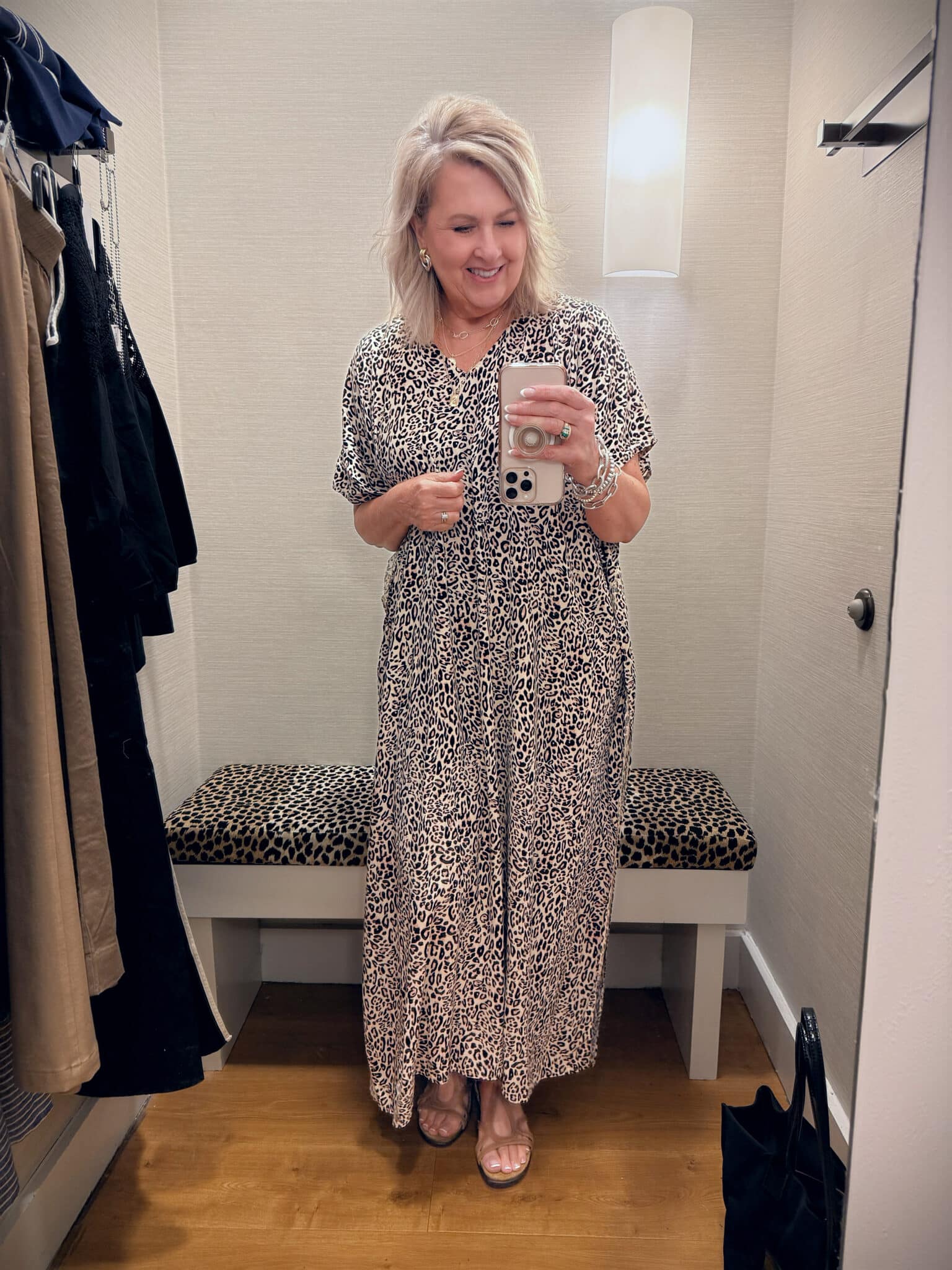 Tania wearing her leopard print caftan for a Chico's spring haul in April