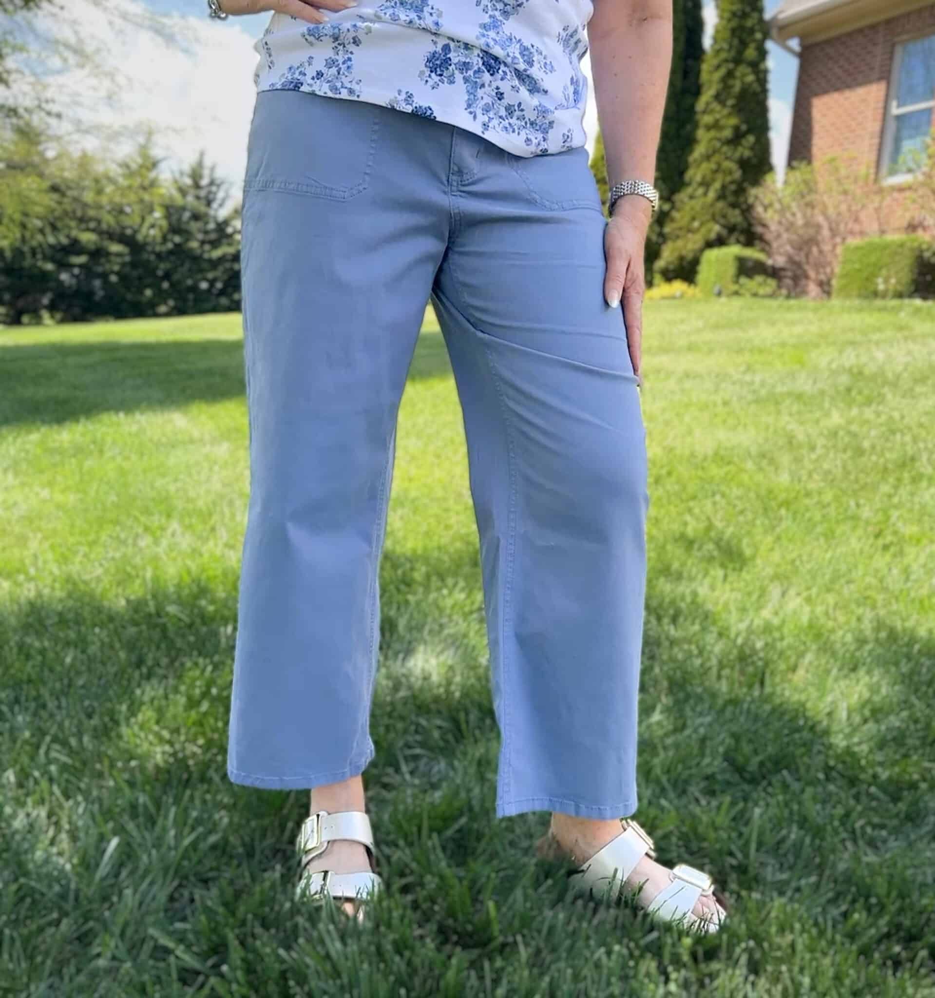 Tania from 50 is not old, is wearing cornflower blue pants from Kohls