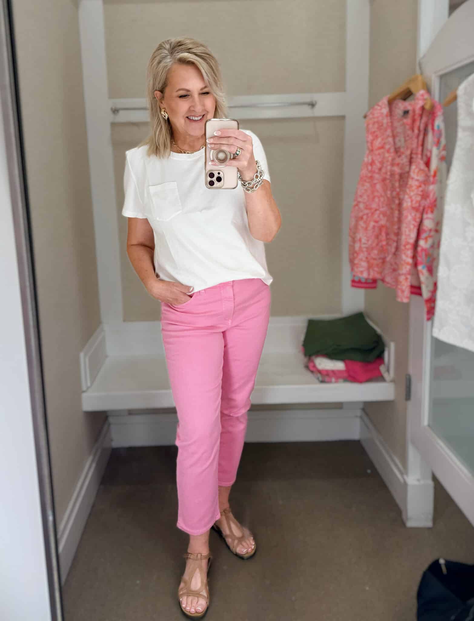 Tania wearing a white tee with pink lightweight jeans from Talbots