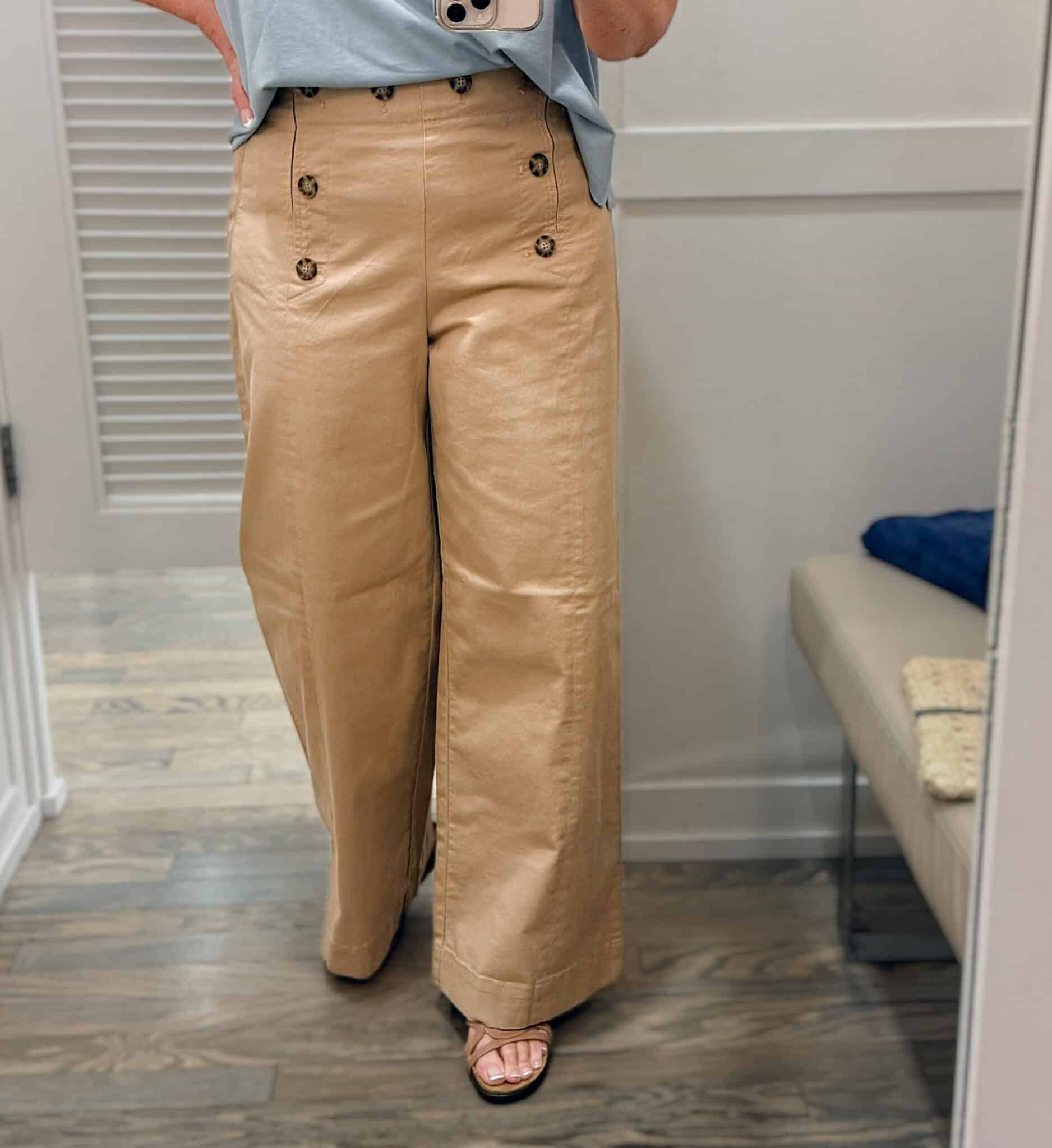 Tania wearing tan sailor pants from Loft