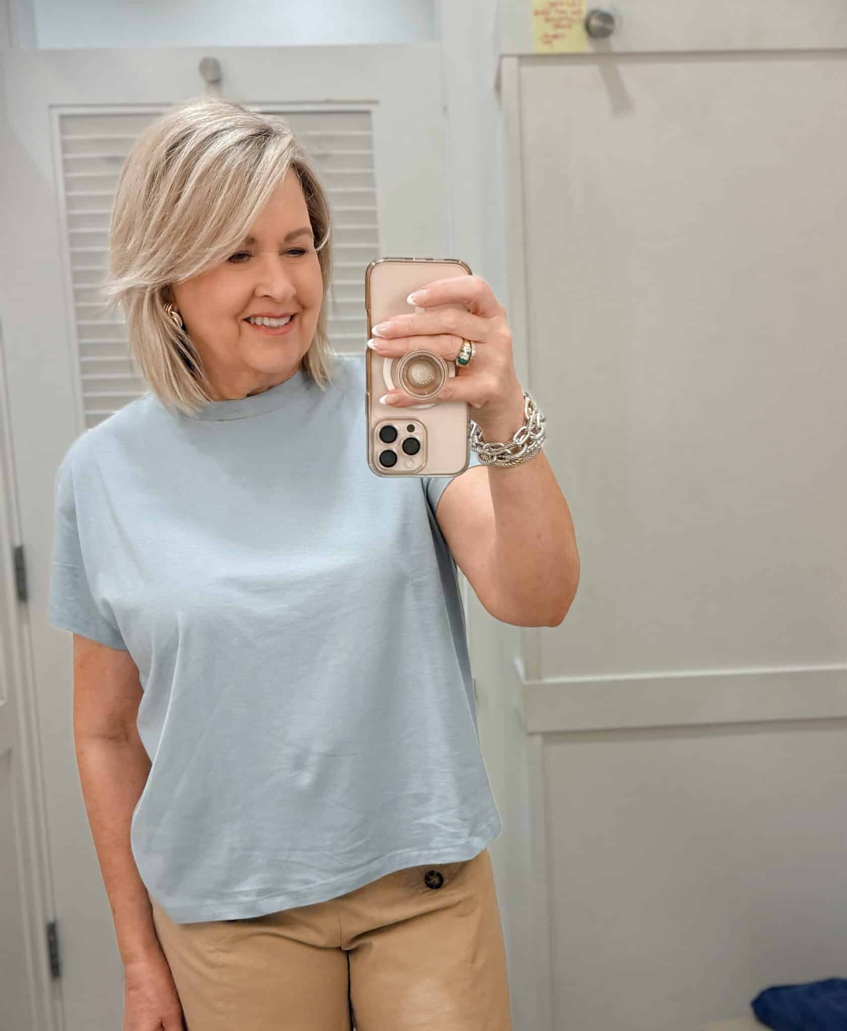 Tania wearing an blue relaxed tee from Loft
