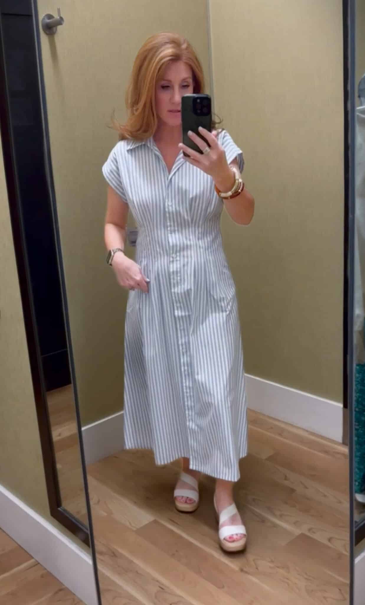 Stephanie wearing a  petite friendly striped shirtdress church dress from Kohls