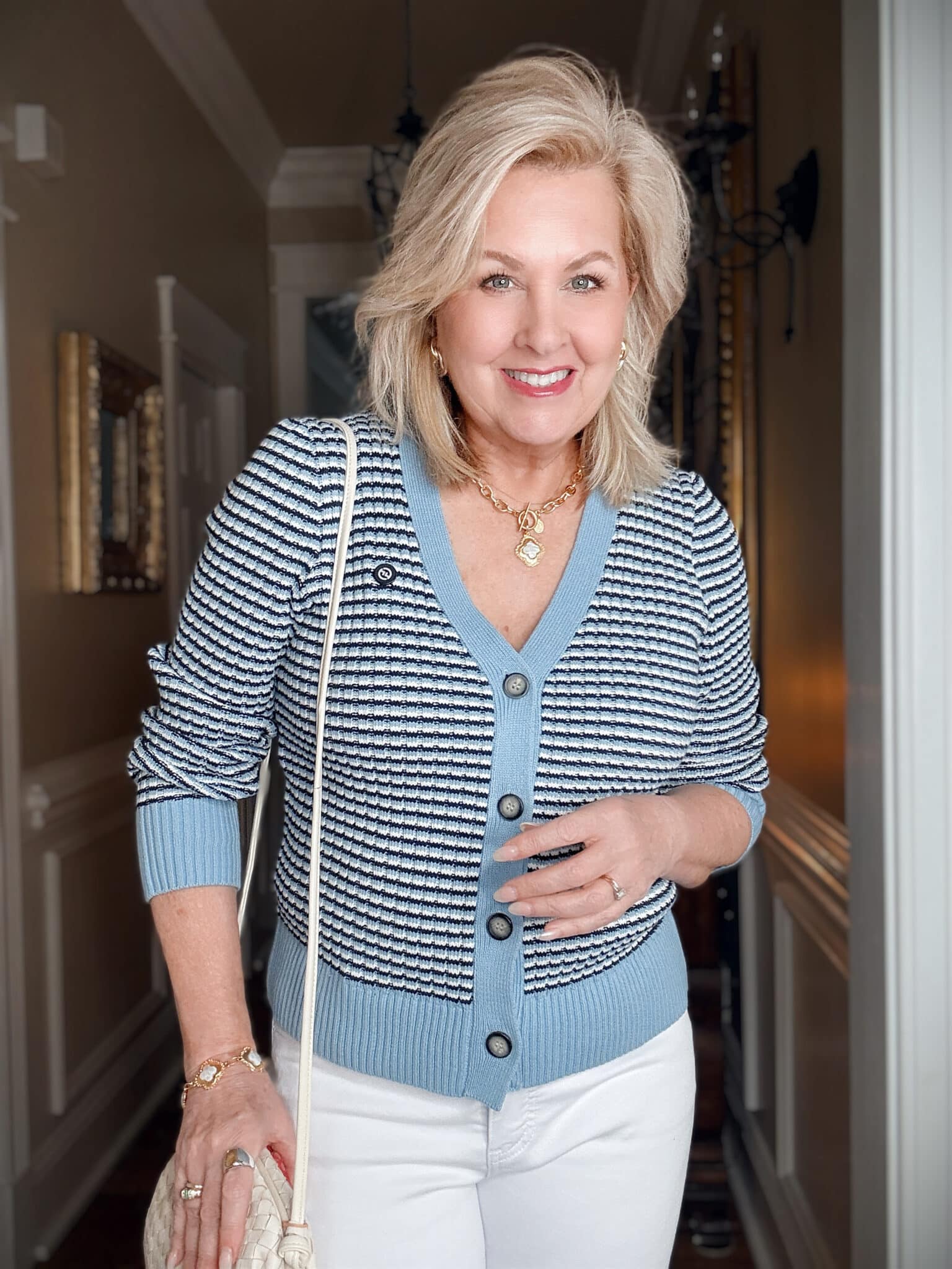 Tania wearing a striped cardigan from Nordstrom