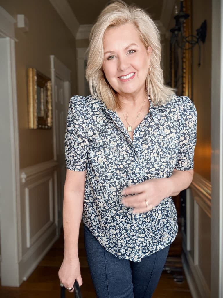 Tania wearing a floral button shirt from Nordstrom