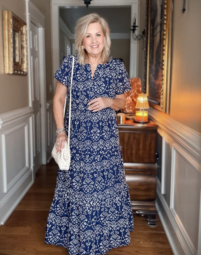 Tania wearing a blue and white maxi dress by SUGARLIPS