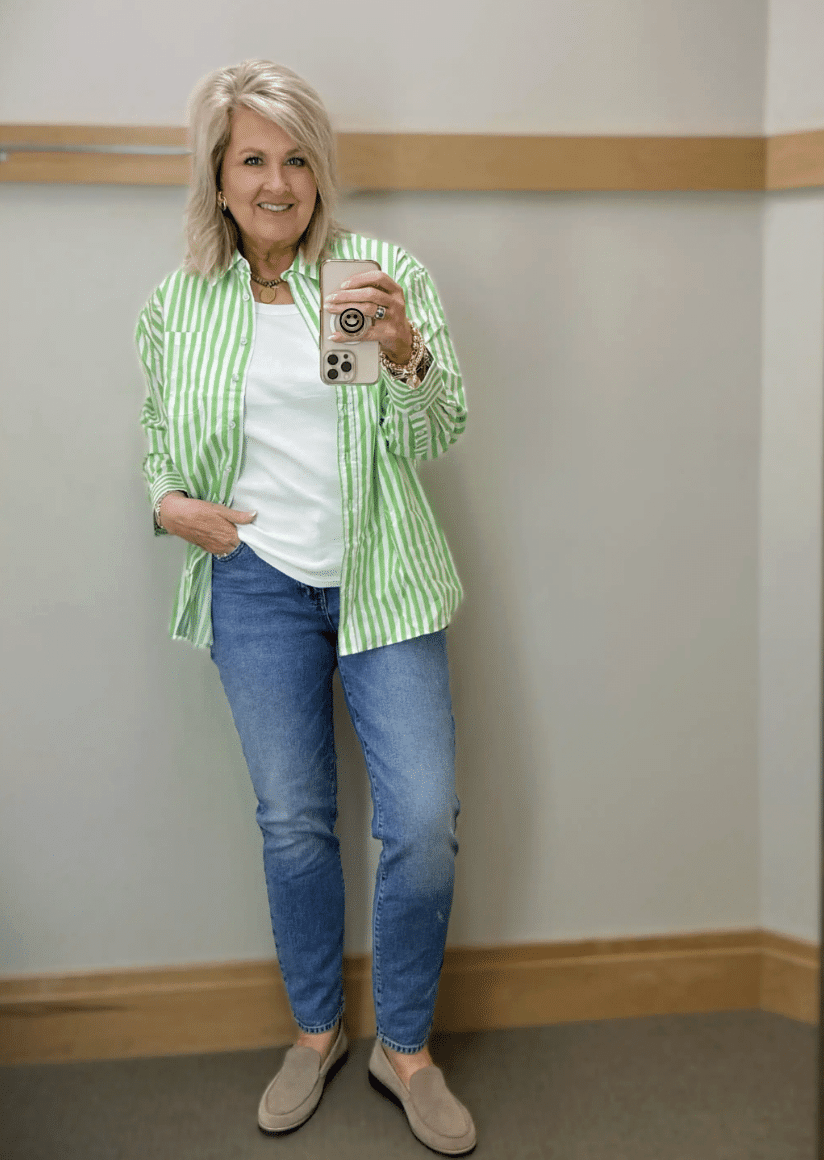 TANIA WEARING a green & White striped shirt and ANKLE JEANS SPRING 2026