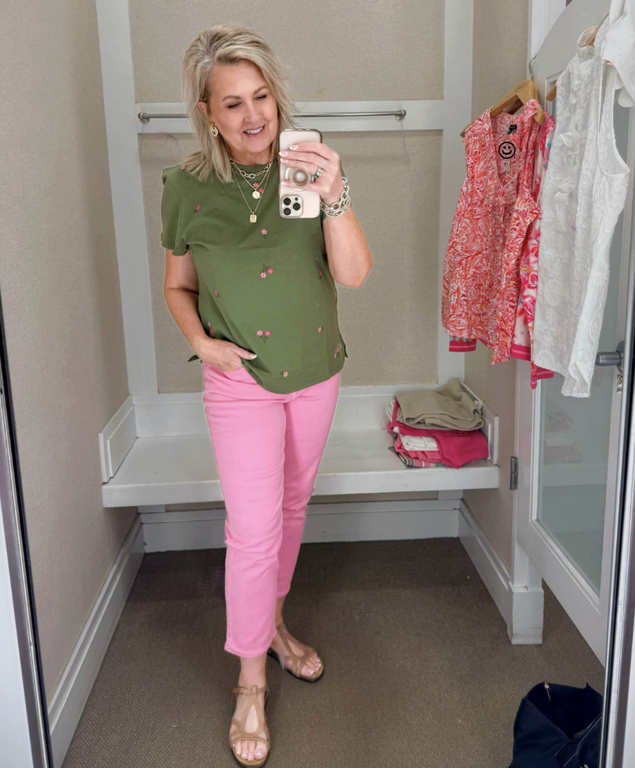 Tania wearing a green tee with pink flowers with embroidered sailboat with pink lightweight jeans from Talbots