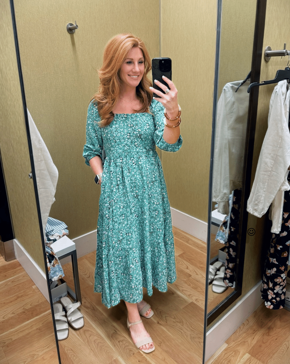 Stephanie wearing a  petite friendly green printed church dress from Kohls