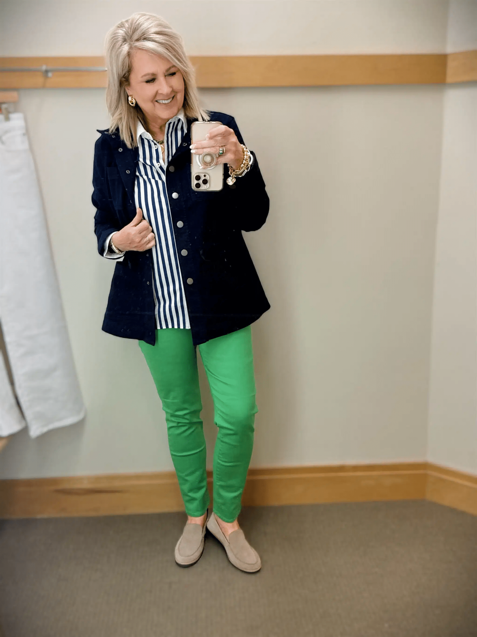 TANIA WEARING navy & white shirt with green ANKLE JEANS