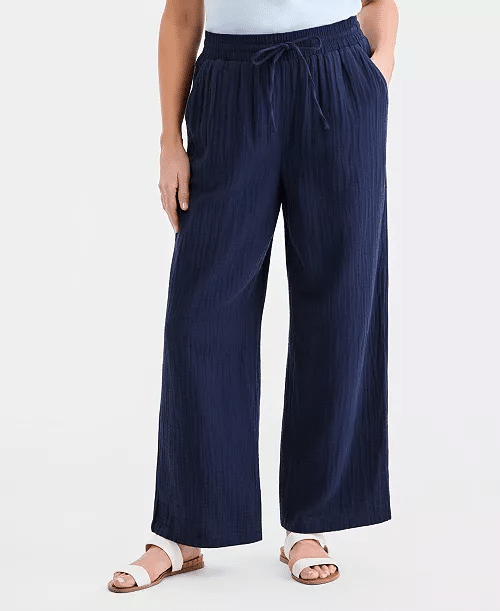 Cotton Gauze Straight-Leg Pull-On Pants