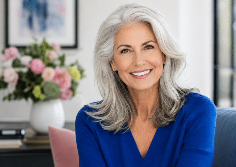 Elegant lady with gray hair and a cobalt blue shirt