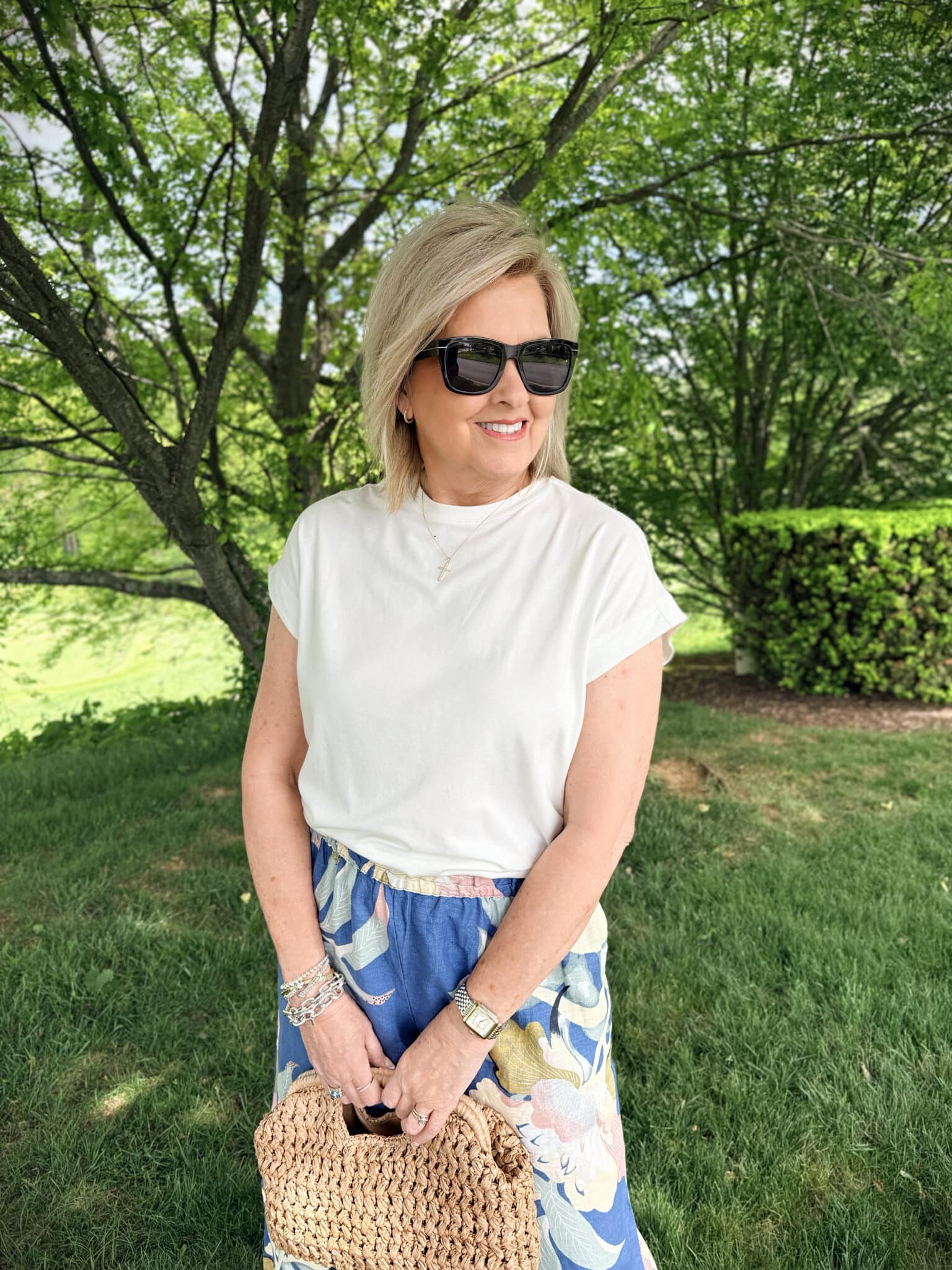 Tania wearing a white tee from Anthrpologie