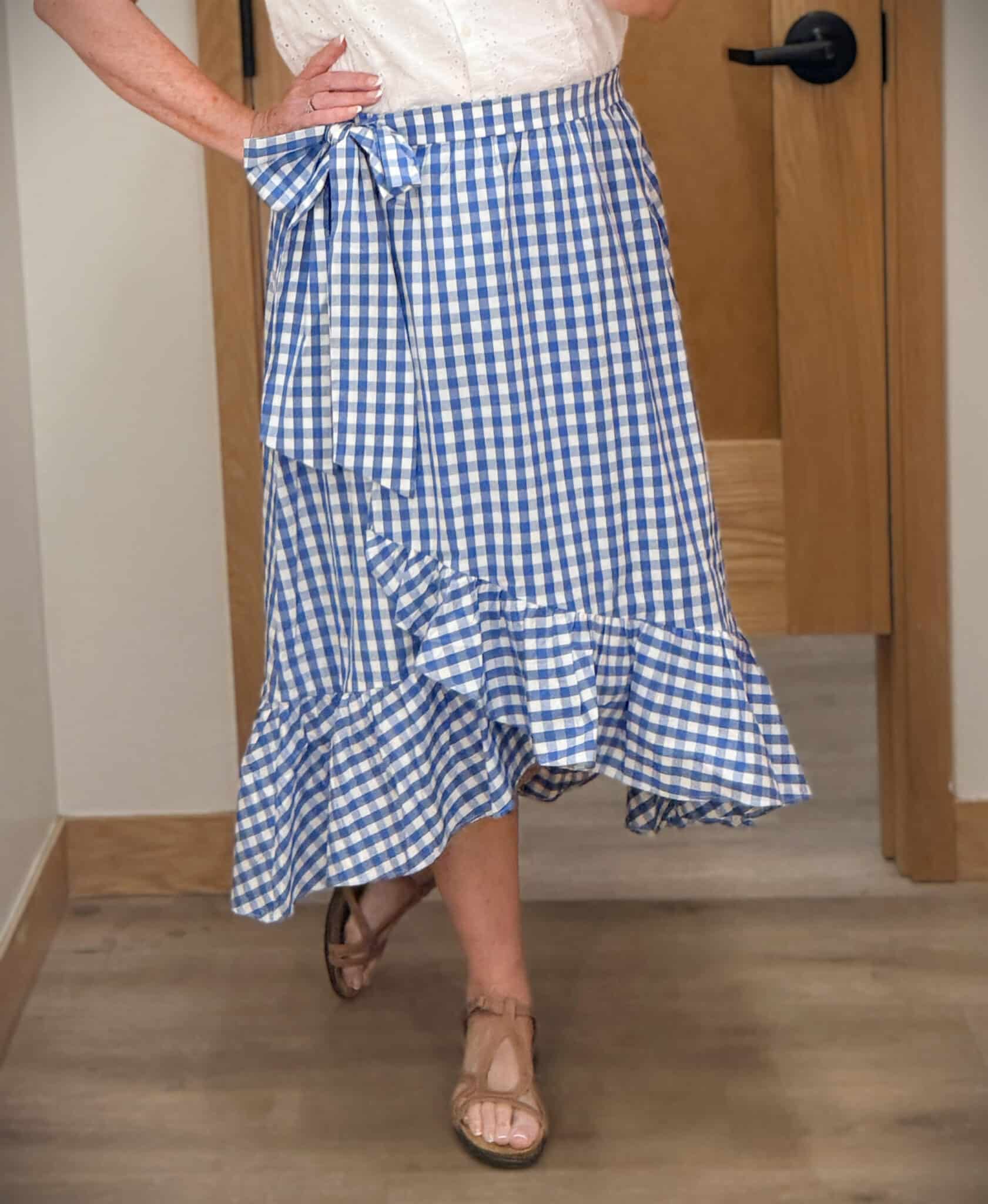Tania wearing a gingham wrap skirt from J.Crew Factory