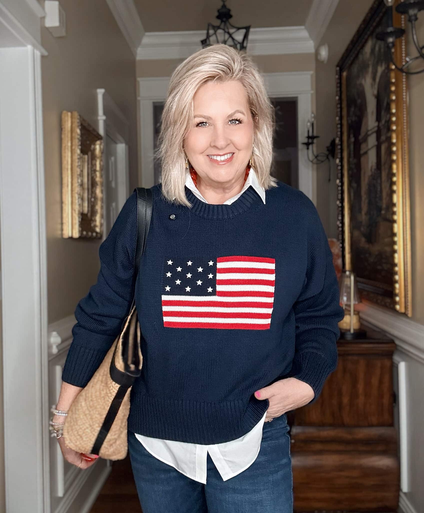 Tania wearing a flag sweater for Memorial Day