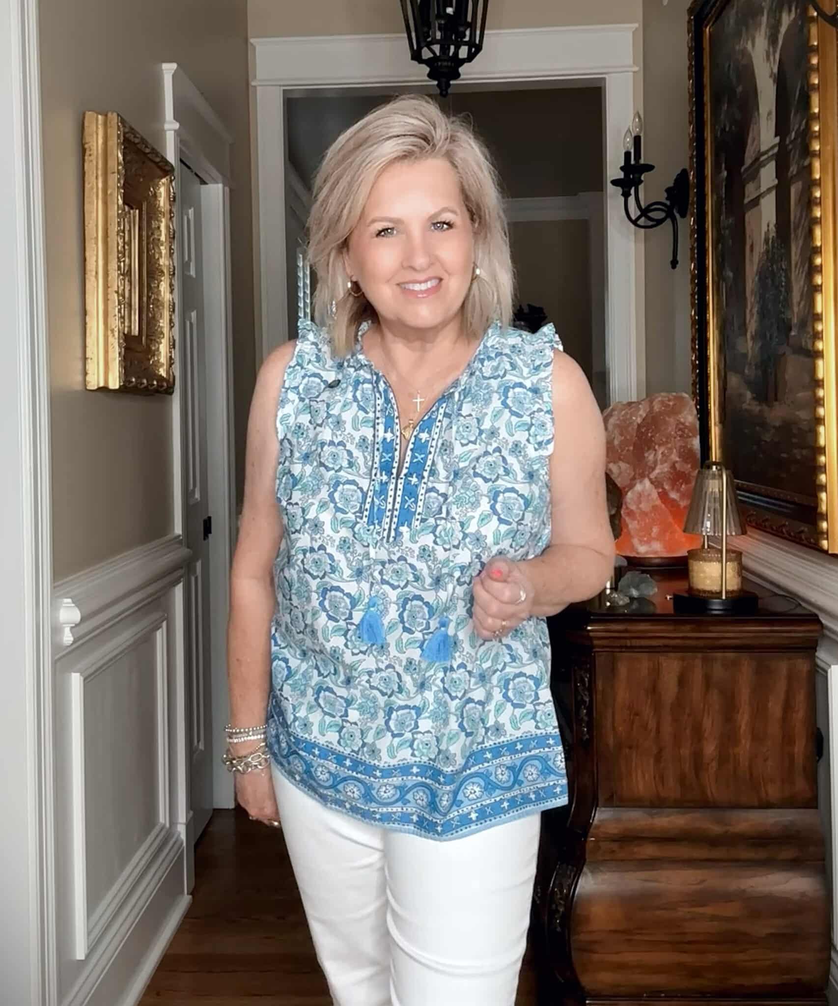 Tania wearing a printed blue lightweight shirt