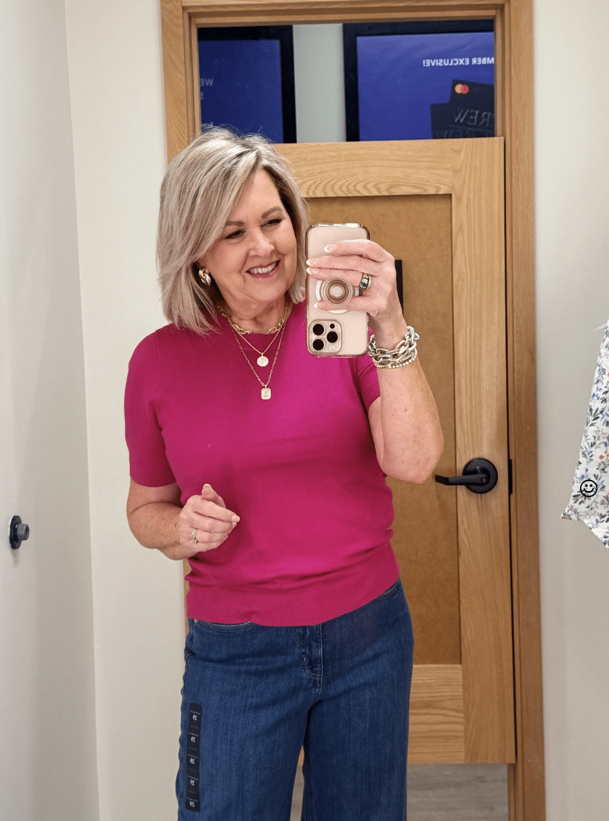 Tania wearing a dark fuchsia sweater from J.Crew Factory