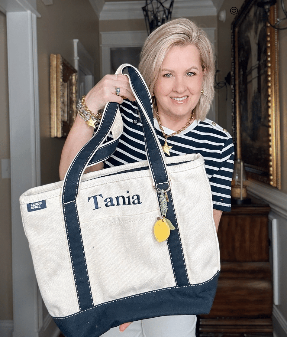 Tania holding a Lands' End monogrammed tote